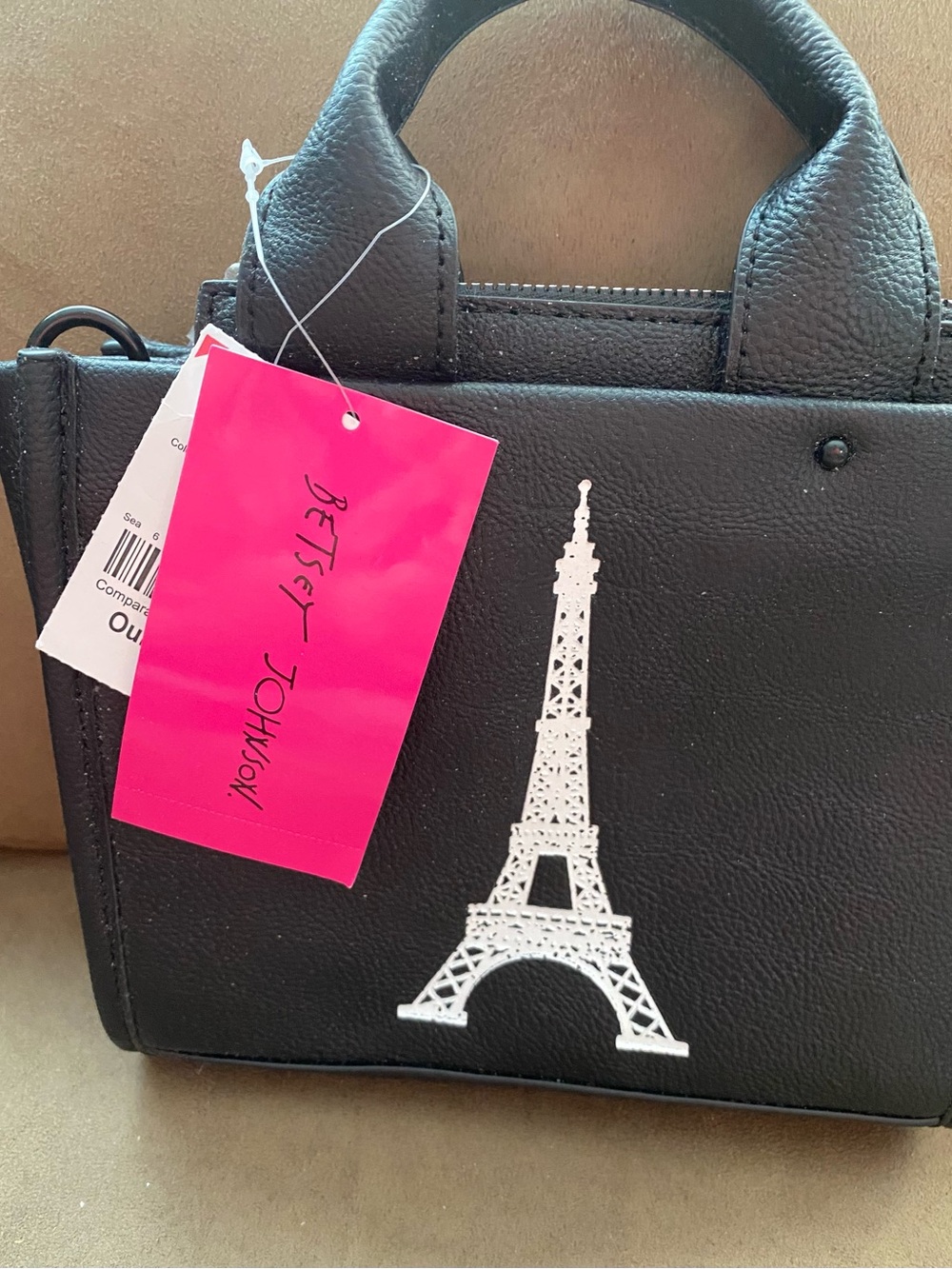 Betsey Johnson Black Satchel with White Eiffel Tower Accent and Pink Tag
